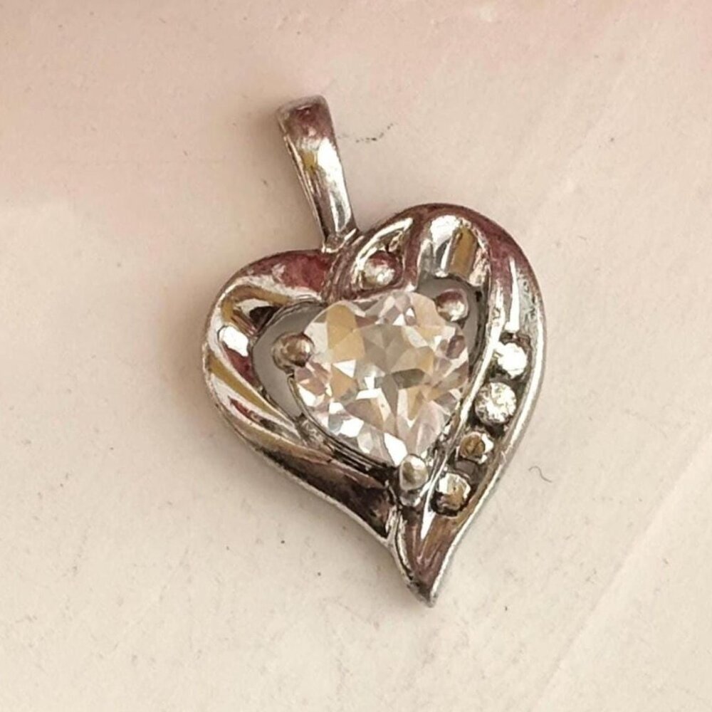 Sterling Silver Heart Shaped CZ Accented Cute Little 925 Vintage Pendant Charm